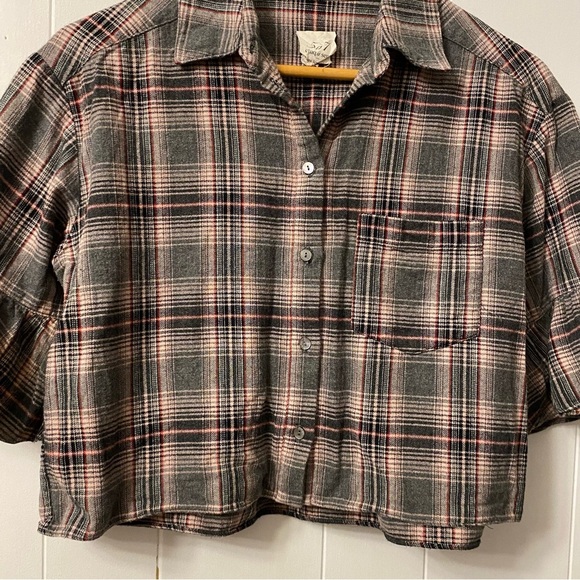 Cinq A Sept Emile Grey Plaid Button Front Crop Top Collared Shirt Cropped Cotton - Picture 5 of 12
